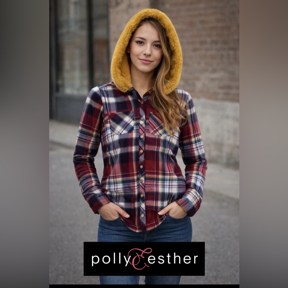 Polly & Esther Plaid Button Down Shirt with Mustard Hood